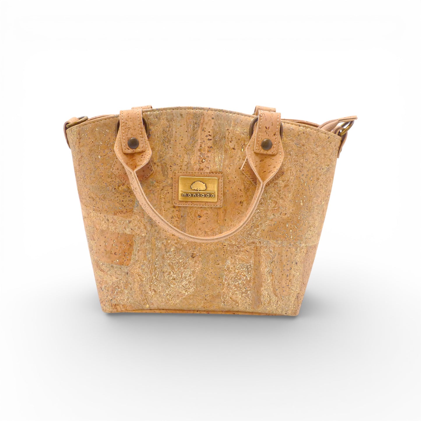 Chic Montado cork handbag with marble gold pattern, showcasing a stylish front view for women.