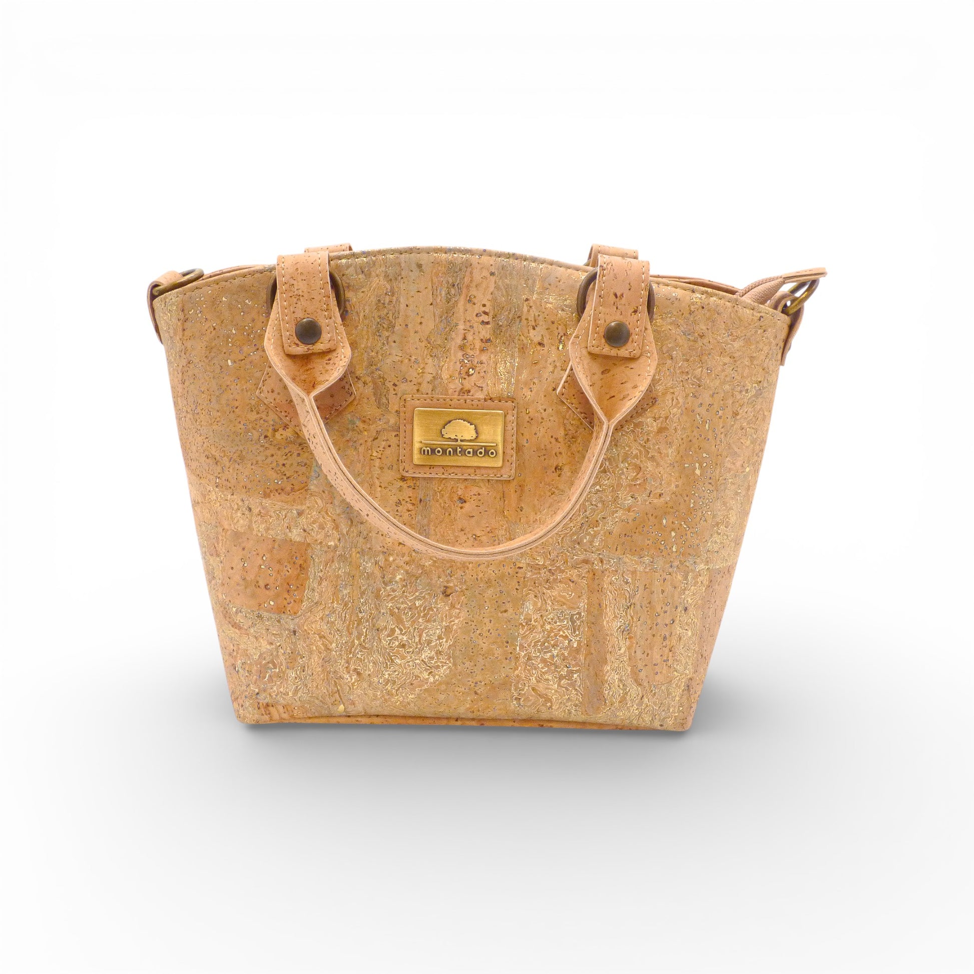 Chic Montado cork handbag with marble gold pattern, showcasing a stylish front view for women.