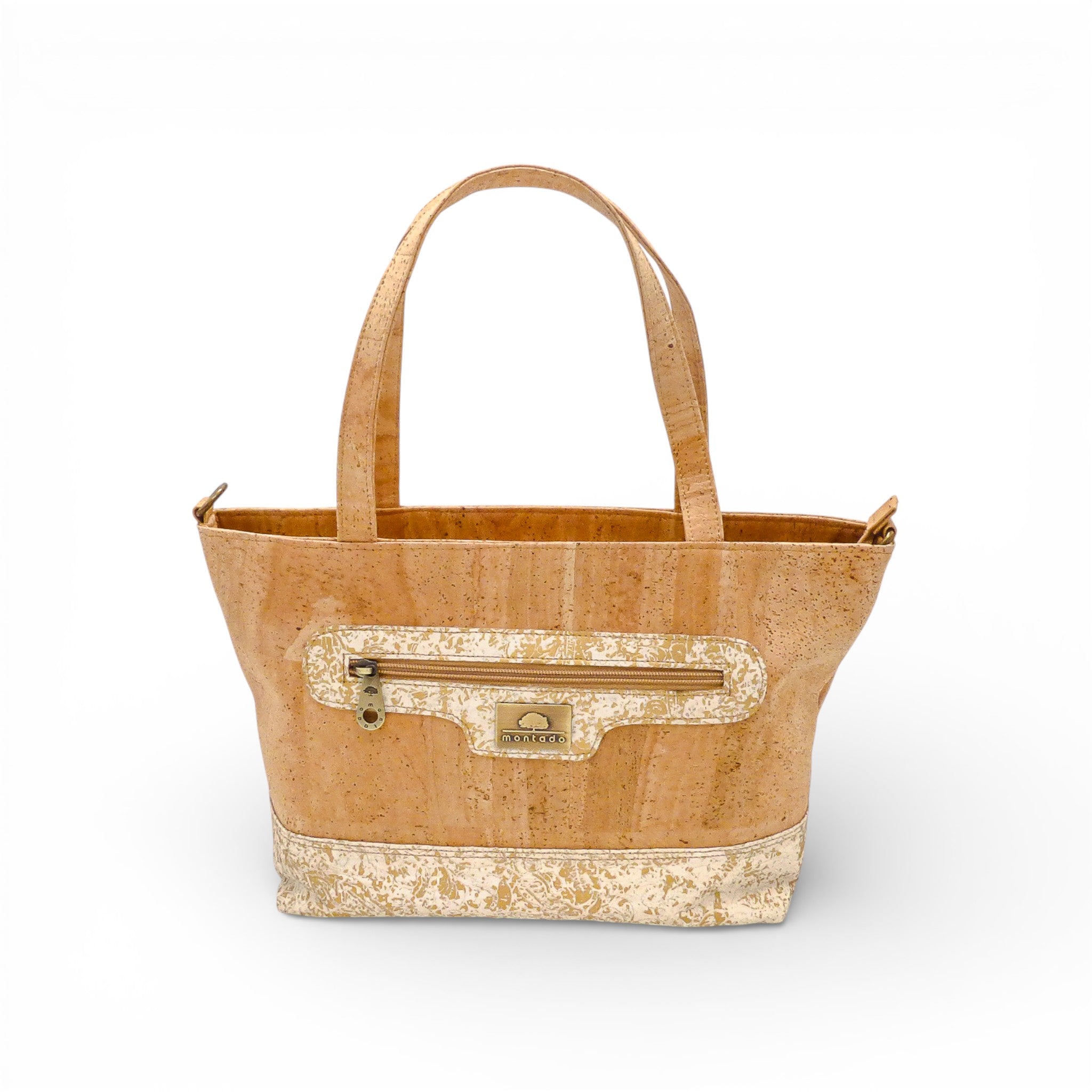Sac à main en liège naturel Relief de Montado, motif bleu et doré, vue de face.