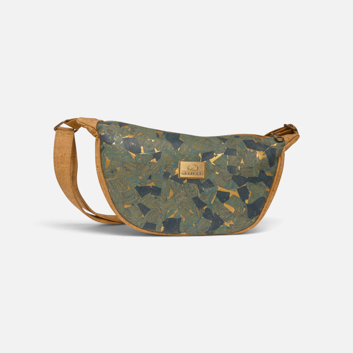 Sac banane évasé en liège motif Oceano, mosaïque bleu vert à éclats d'or