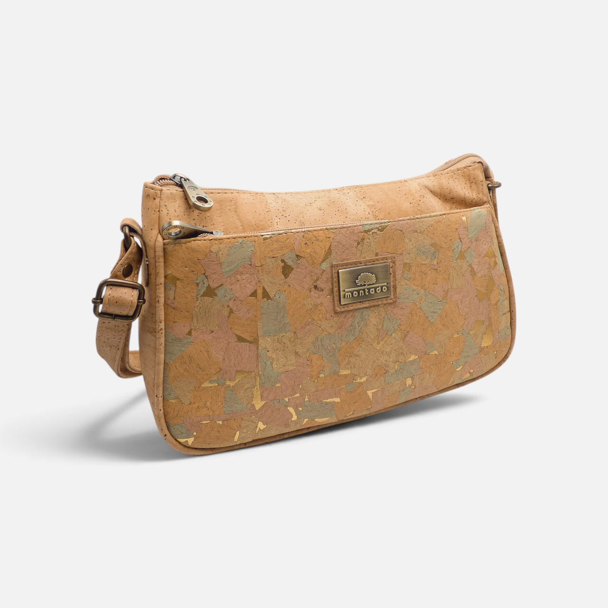 Sac bandoulière en liège motif Aguarela, façade mosaïque pastel dorée
