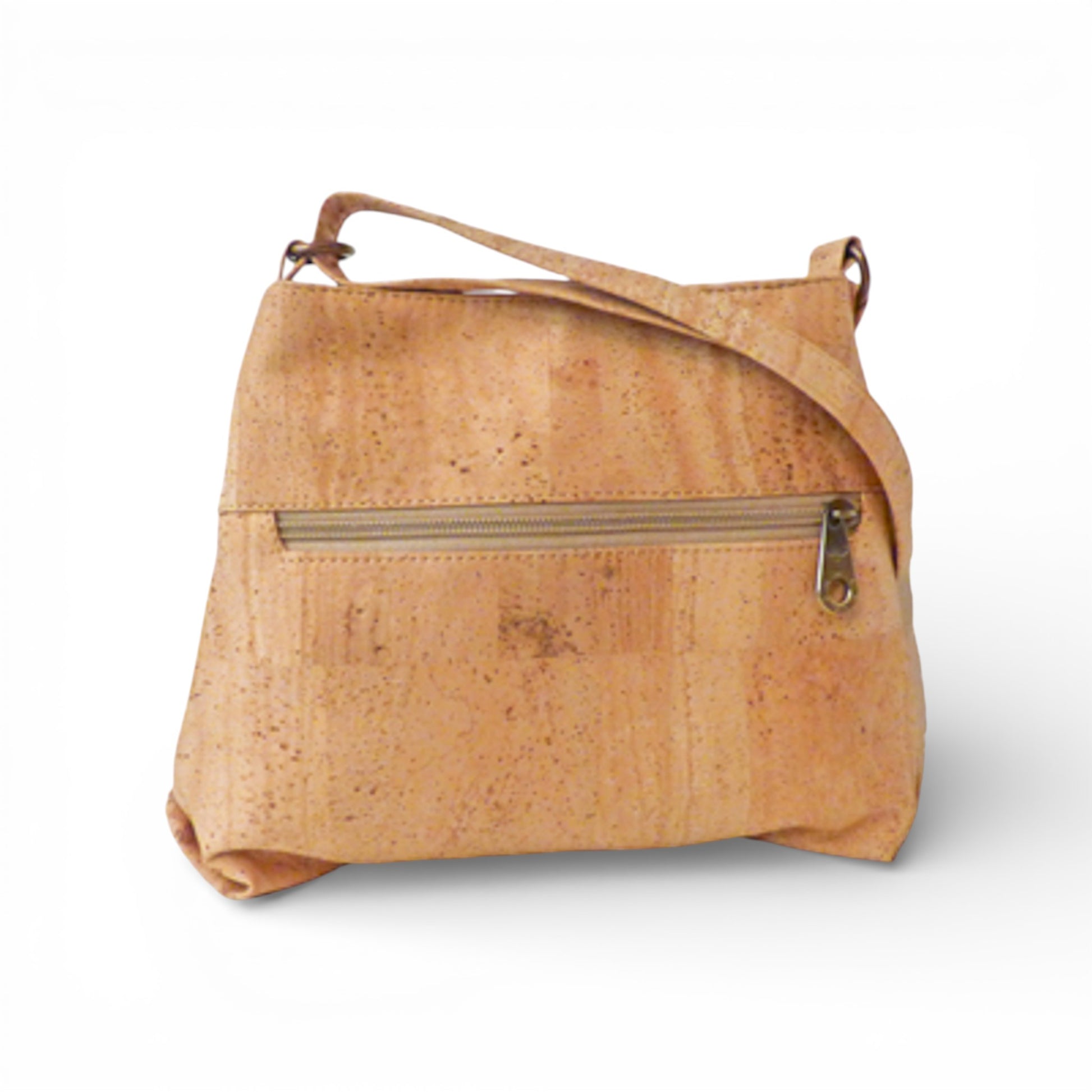 Sac bandoulière "Nœud" en liège Montado, motif marbré multicolore avec poche zippée à l'arrière, vue de face.