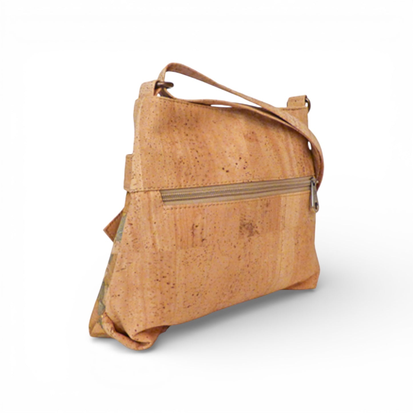 Sac bandoulière en liège "Nœud" Montado, motif marbré multicolore avec poche zippée visible à l'arrière.