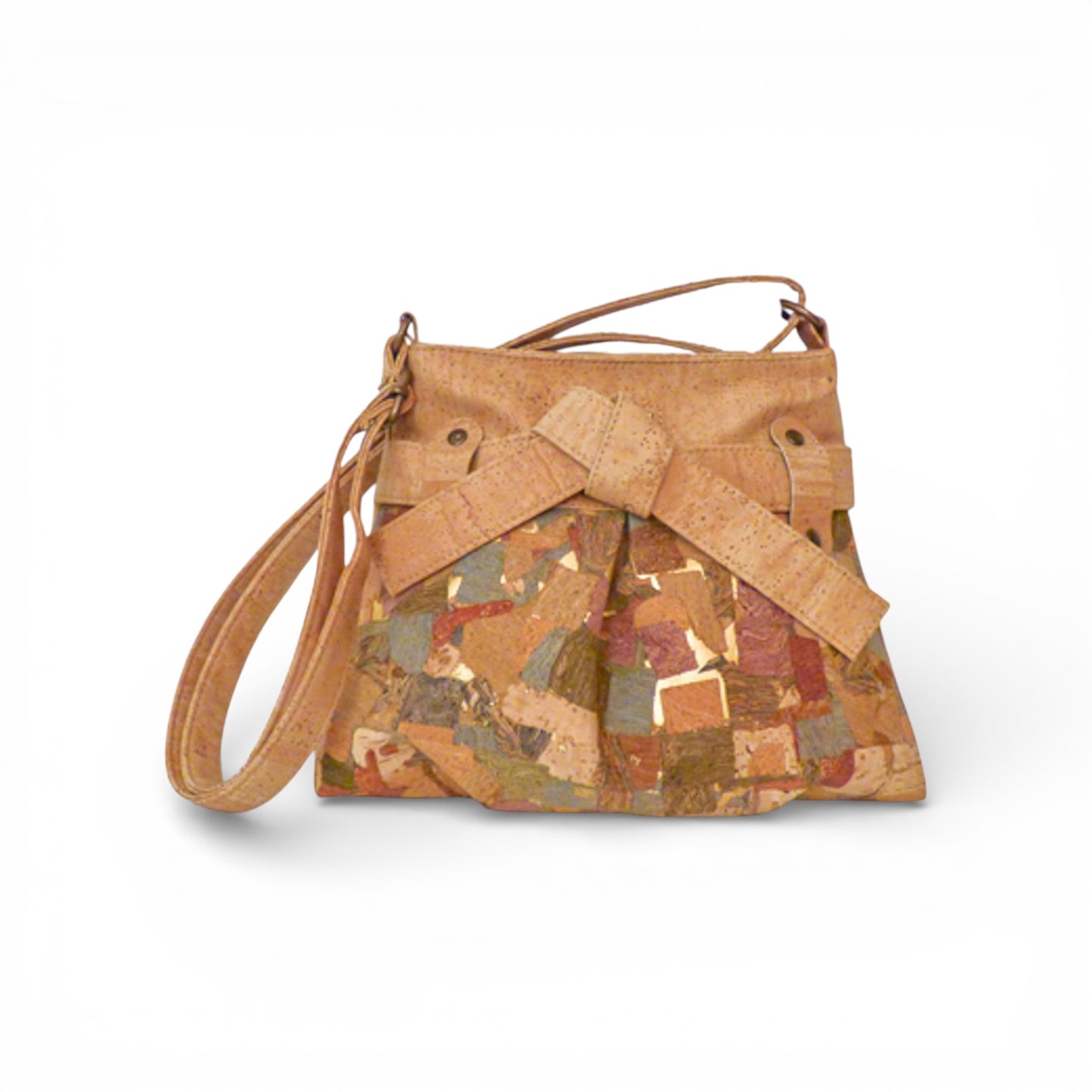 Multicolored cork shoulder bag with bow detail from Montado, featuring a marbled pattern and a stylish design.