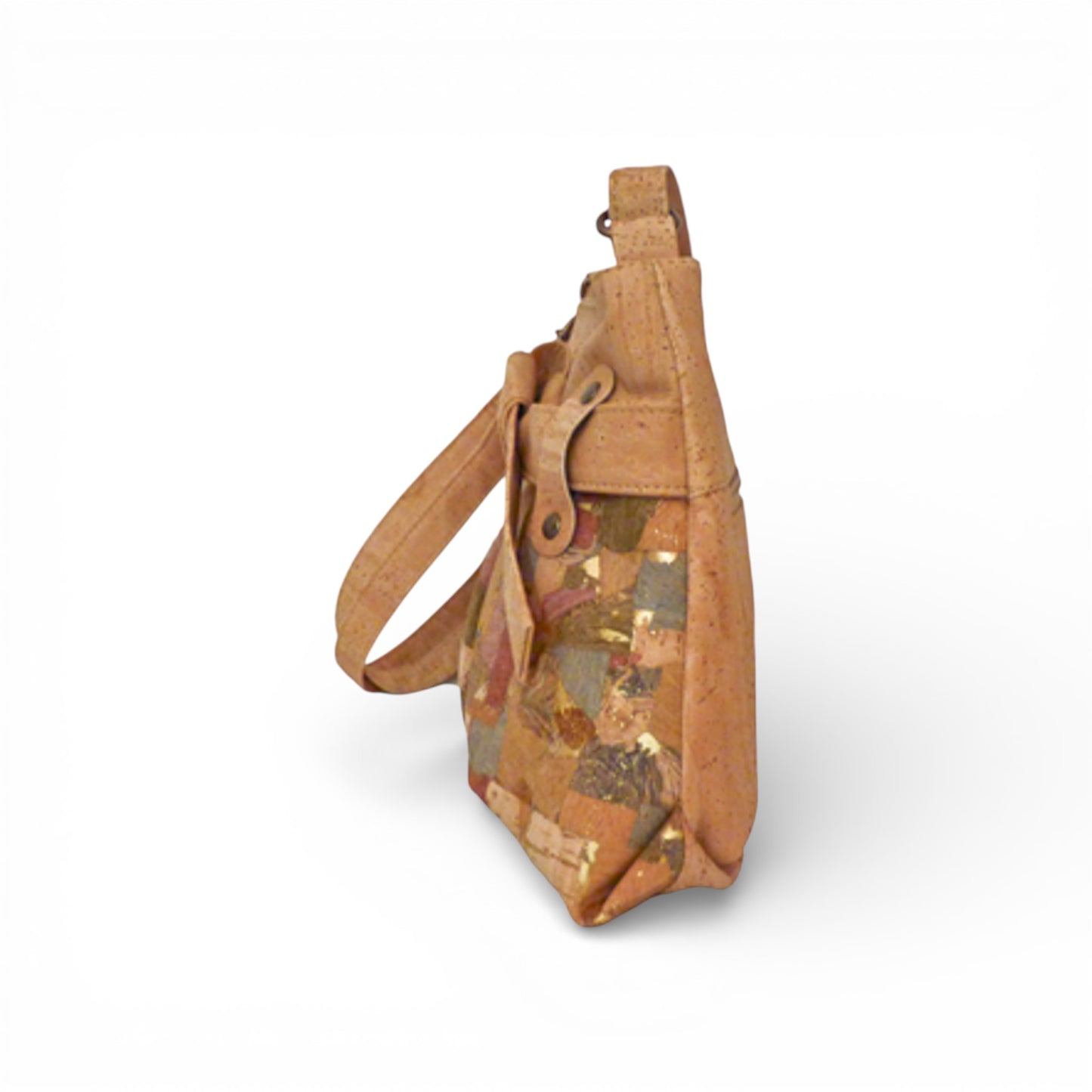 Sac bandoulière en liège "Nœud" Montado, motif marbré multicolore, vue de profil mettant en valeur son design élégant.