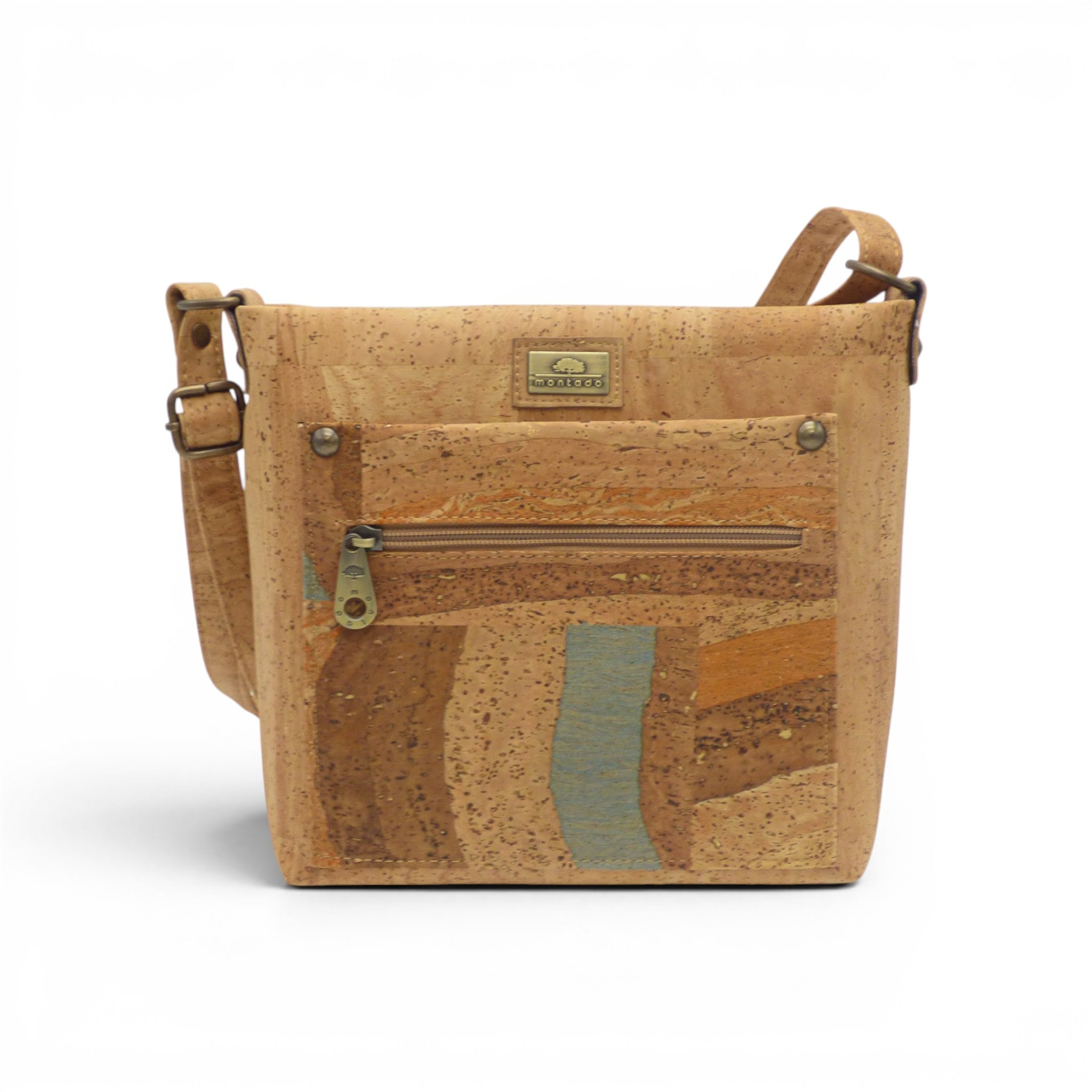 Sac bandoulière liège marbre rayures bleu-orange multipoches