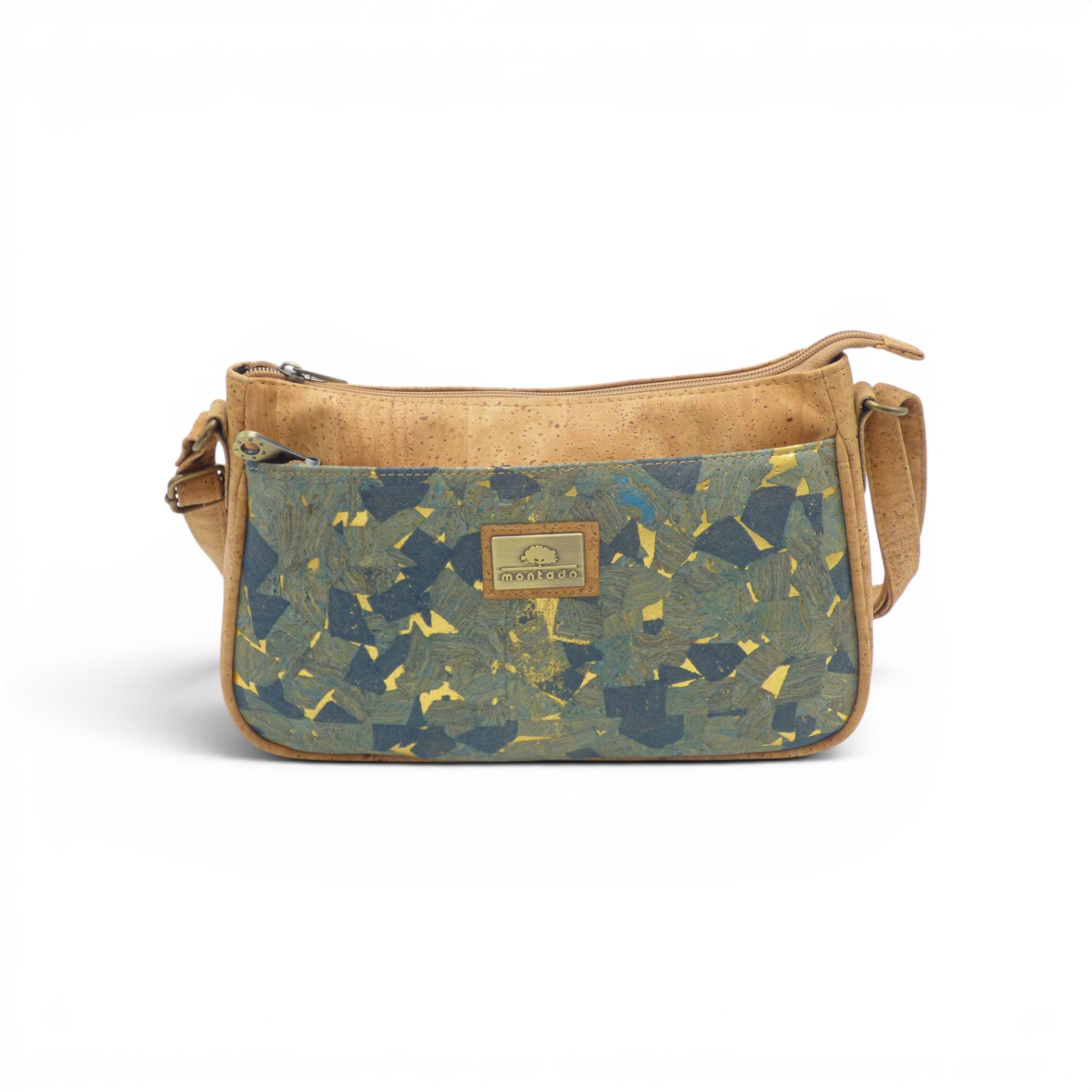 Sac bandoulière liège mosaïque bleu-vert-or géométrique