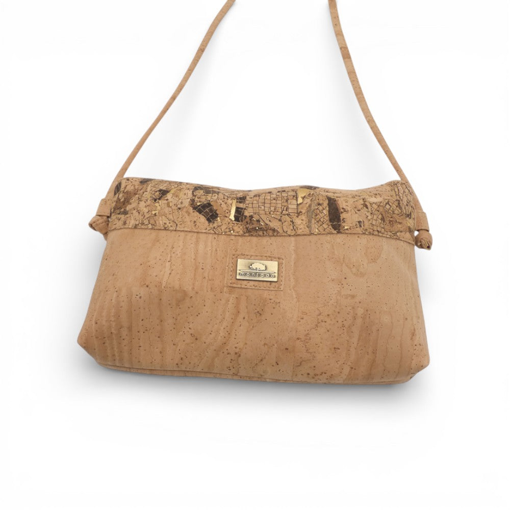 Pochette en liège, bandeau mosaïque brun foncé et or — Montado, vue de face, Portugal