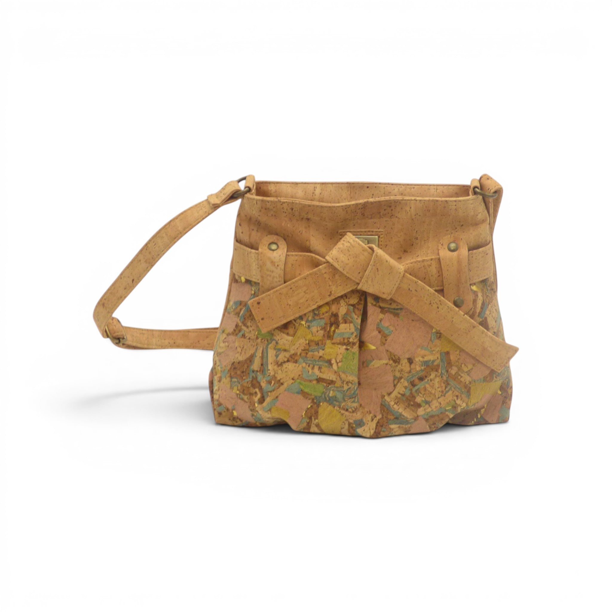 Vue profil sac nœud patchwork tons chauds