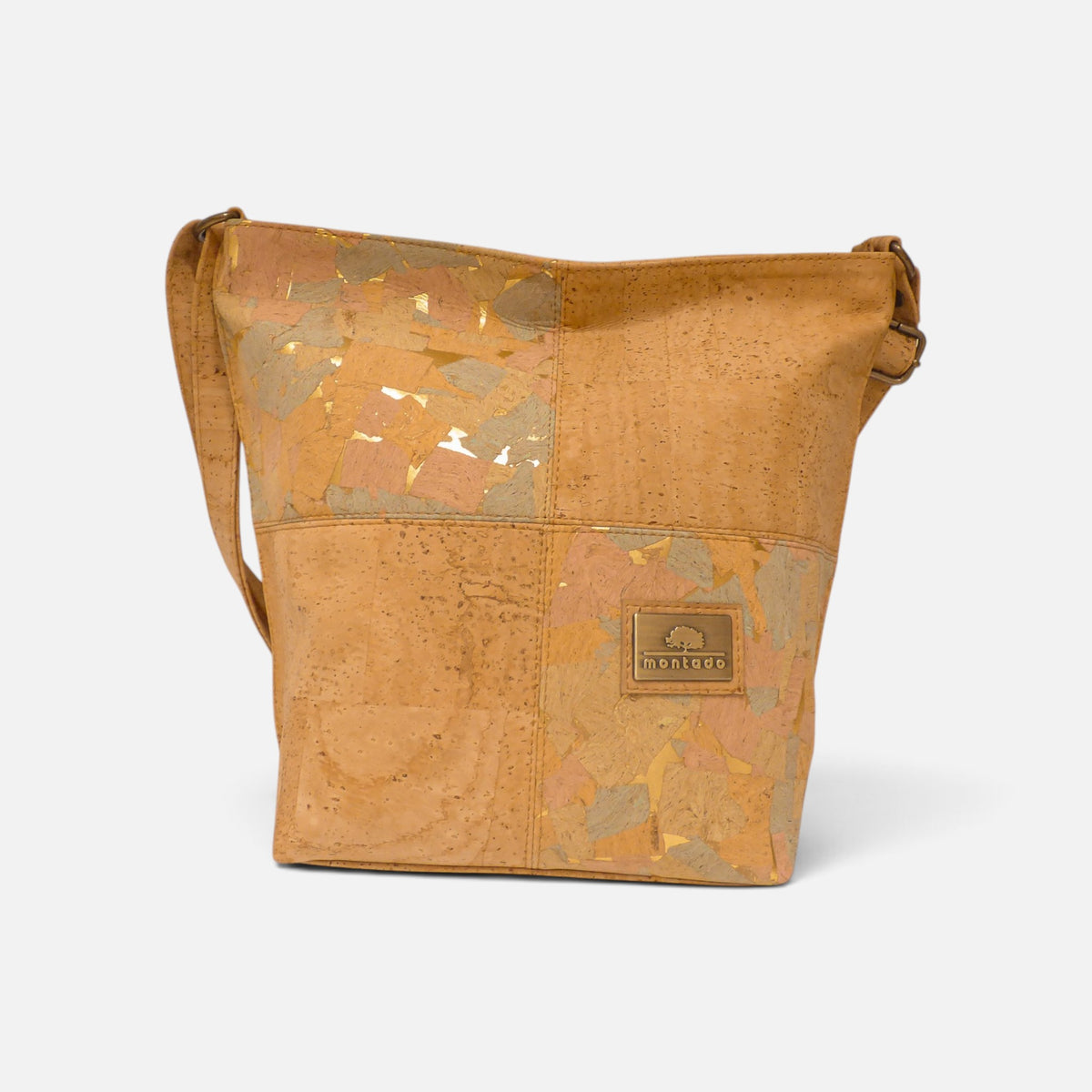 Sac en liège aquarelle vu de face, carrés alternés clairs et colorés