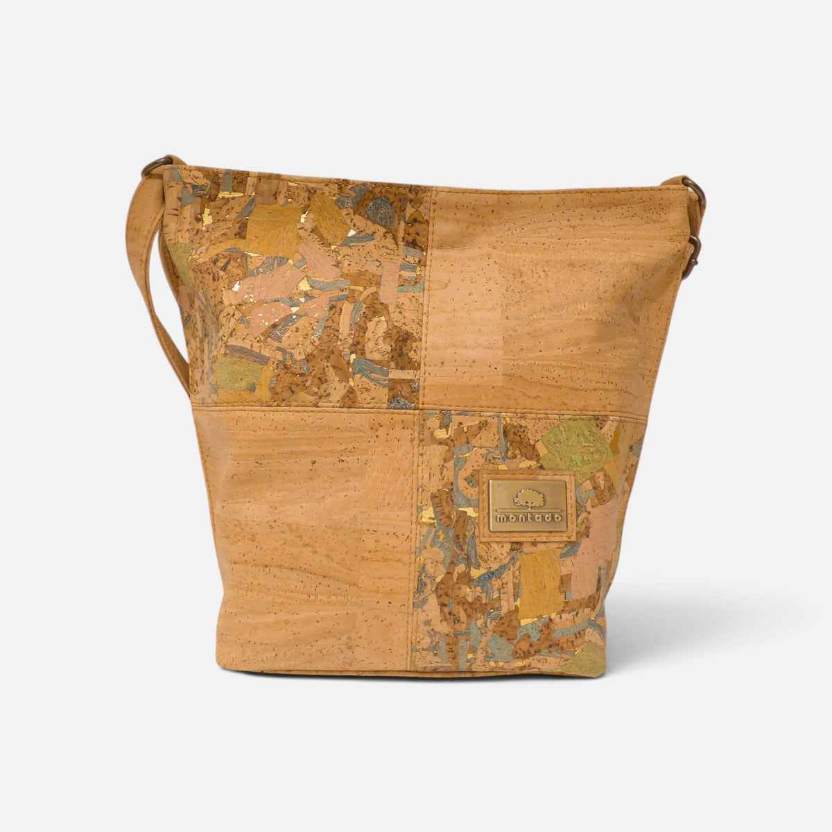 Sac seau en liège mosaïque sage vu de face, carrés naturels alternés