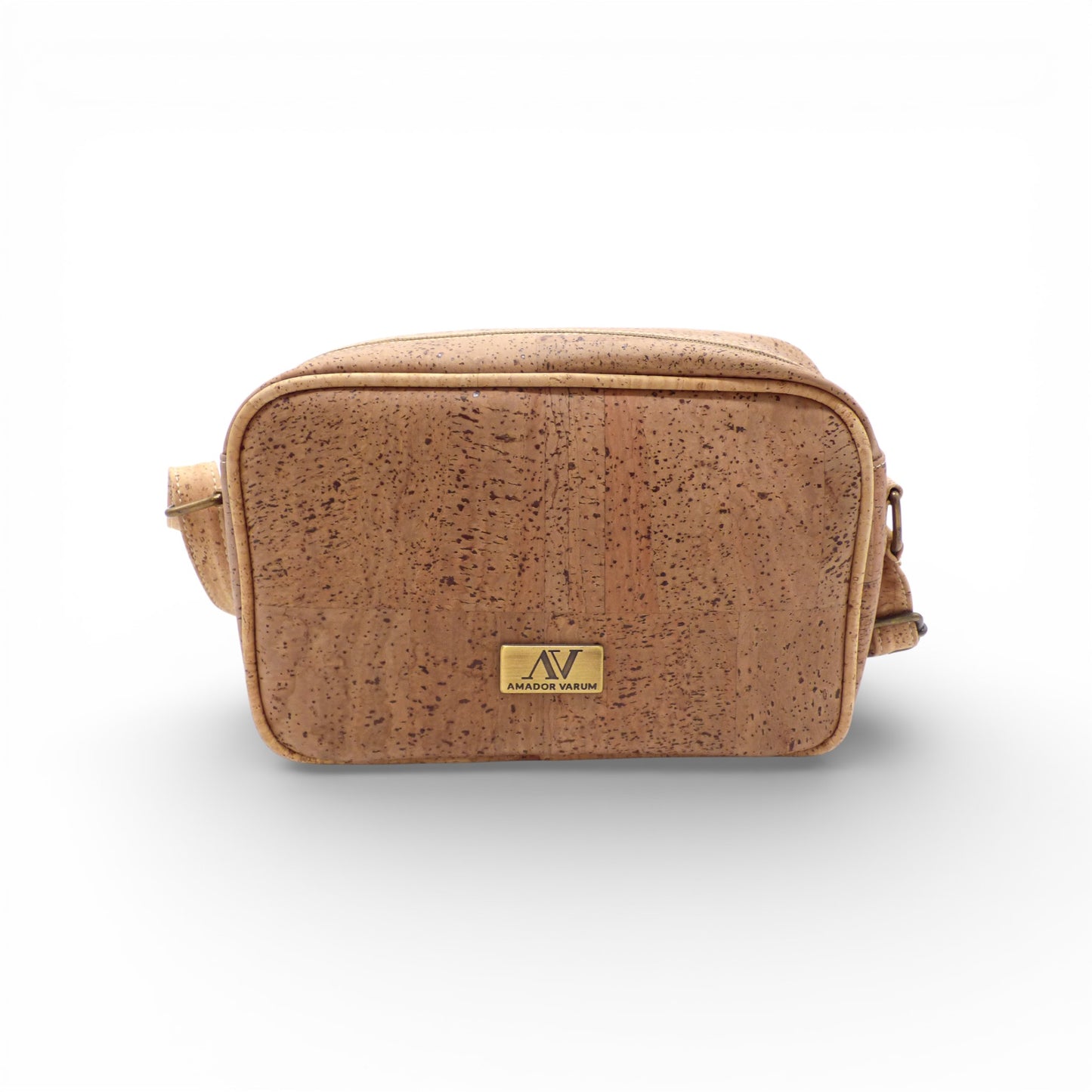 Sac bandoulière compact en liège marron clair avec poche extérieure, Amador Varum, léger et résistant.