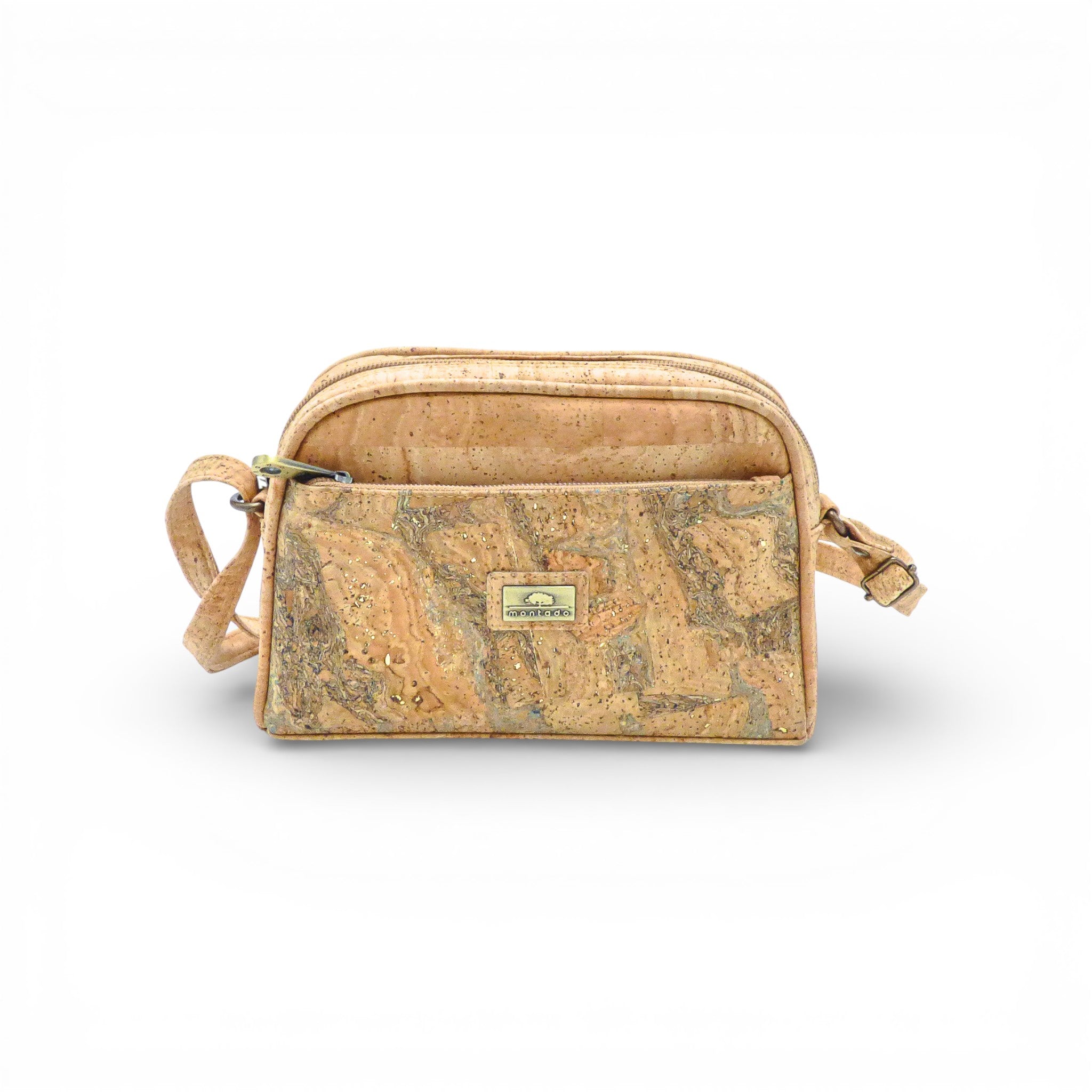 Sac bandoulière compact Montado en liège avec poche avant, couleur vert doré, affichant un design naturel élégant.