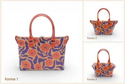 Sac à main modulable en liège Coquelicot montré dans ses trois formes : cabas à plat, évasé en V et boule