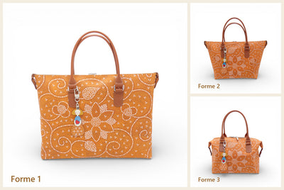 Sac à main modulable en liège Ocre Fleuri montré dans ses trois formes : cabas à plat, évasé en V et boule
