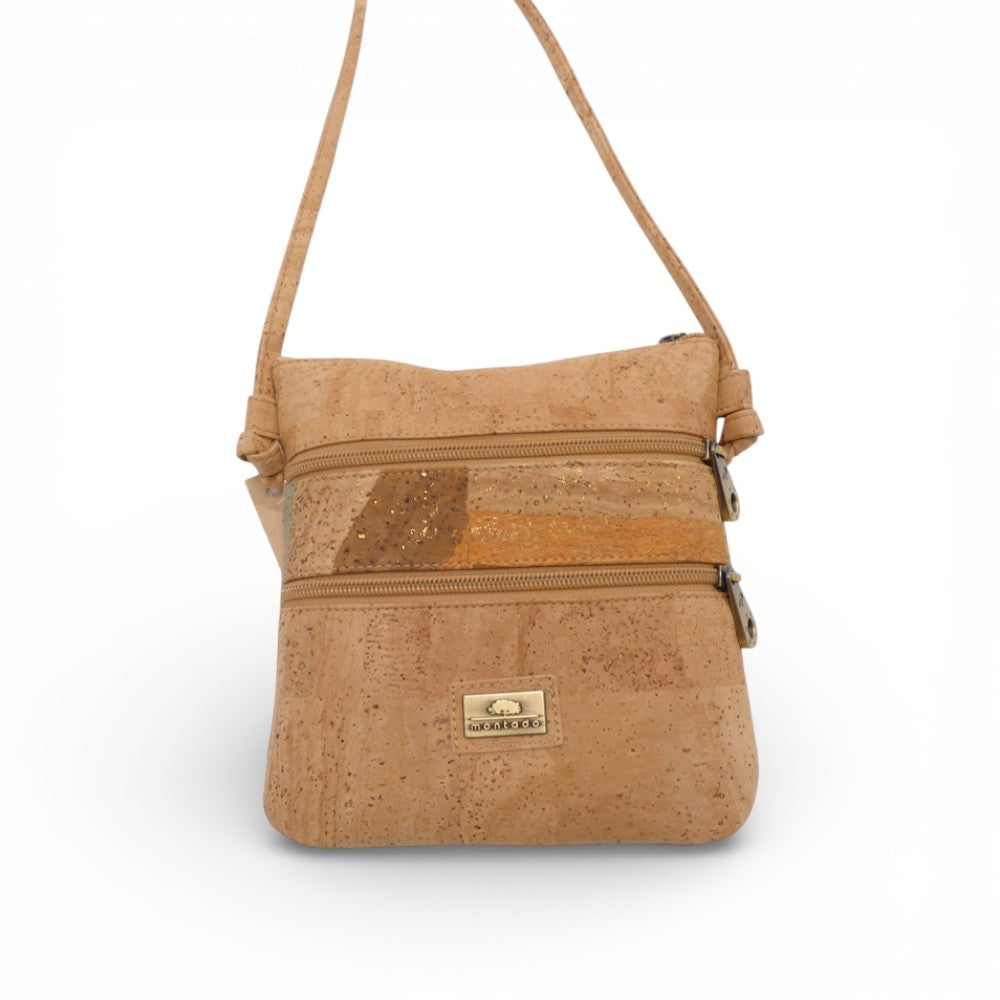 Sac bandoulière compact en liège naturel — Montado, bande dorée mouchetée, double zip, Portugal