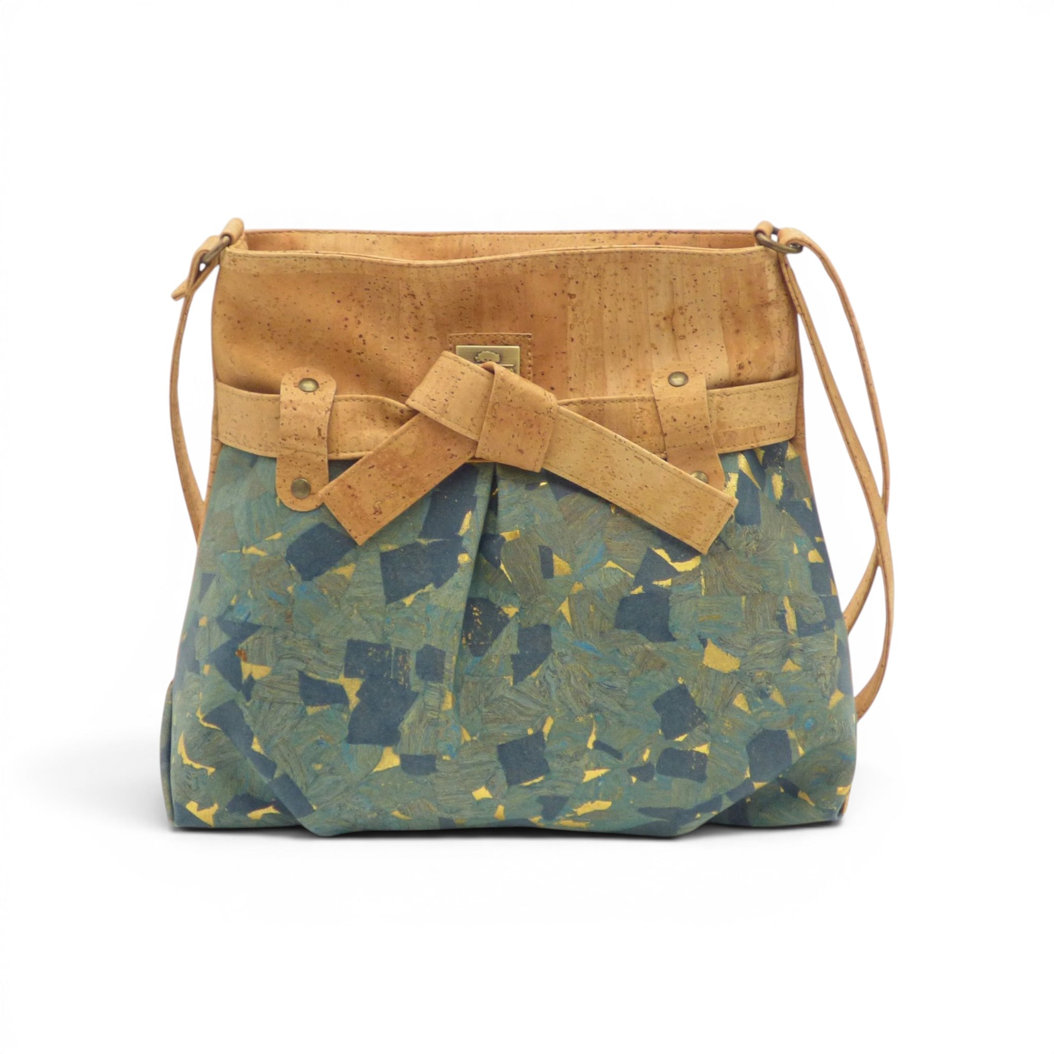 Vue latérale sac nœud patchwork bleu
