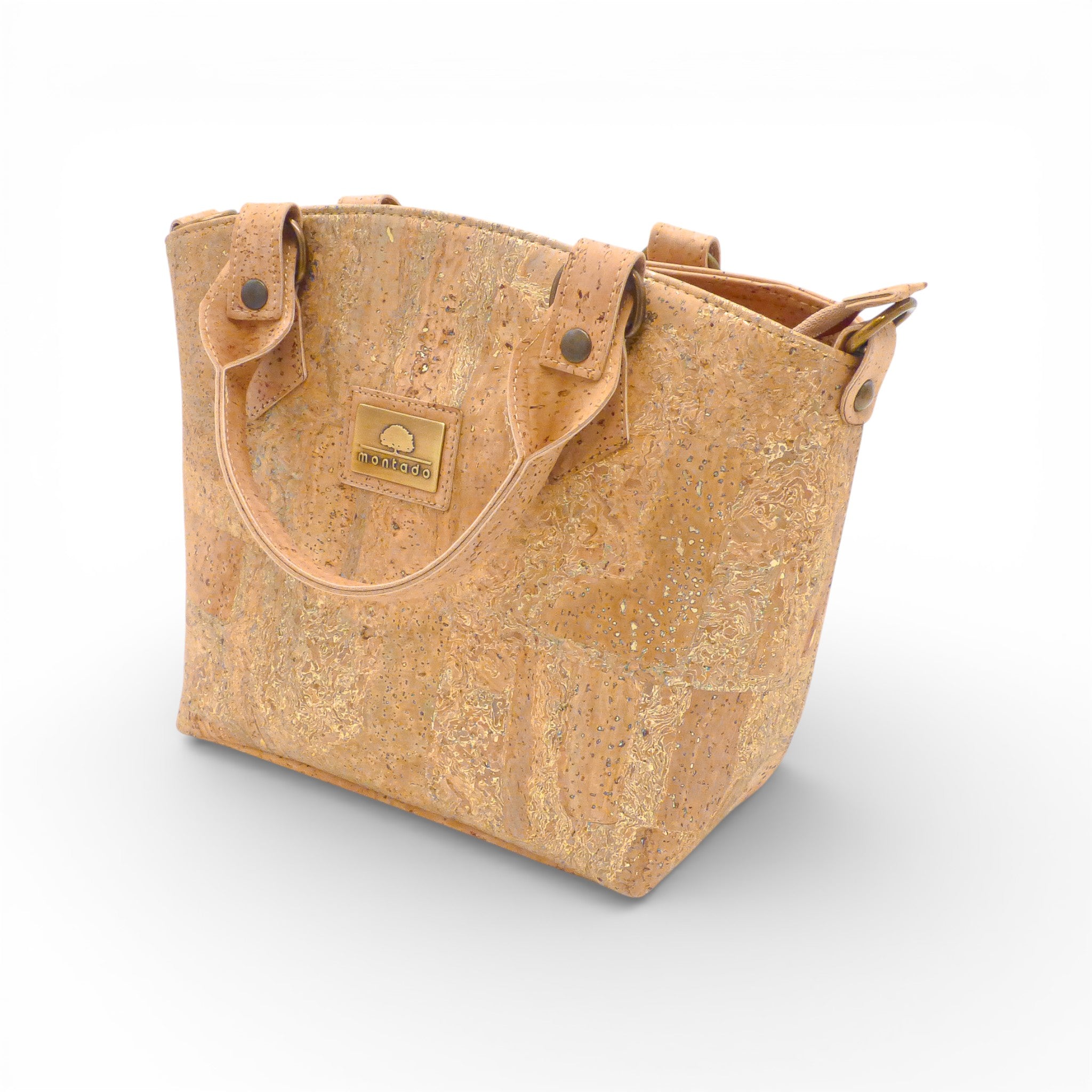 Sac trapèze en liège pailleté doré, vue trois quarts — Montado, Portugal