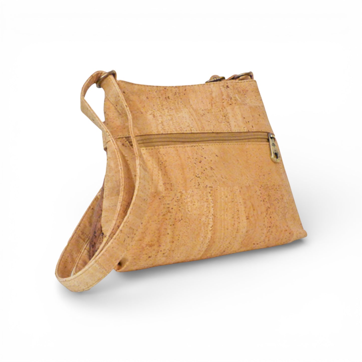 Sac bandoulière "Nœud" en liège marron doré de Montado, vue de trois-quarts avec poche zippée à l'arrière.