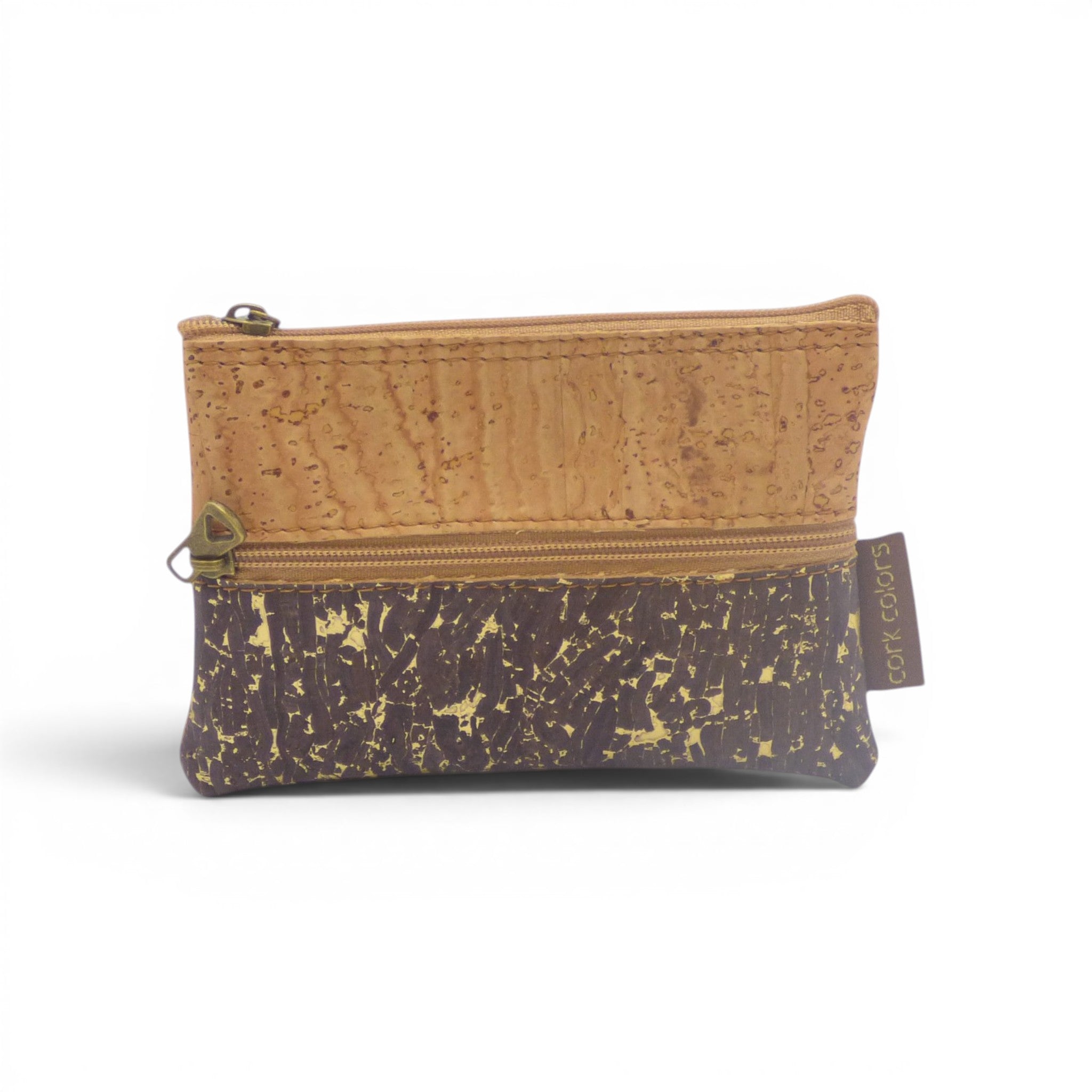 Craquele brun dore et beige naturel sur trousse double zip