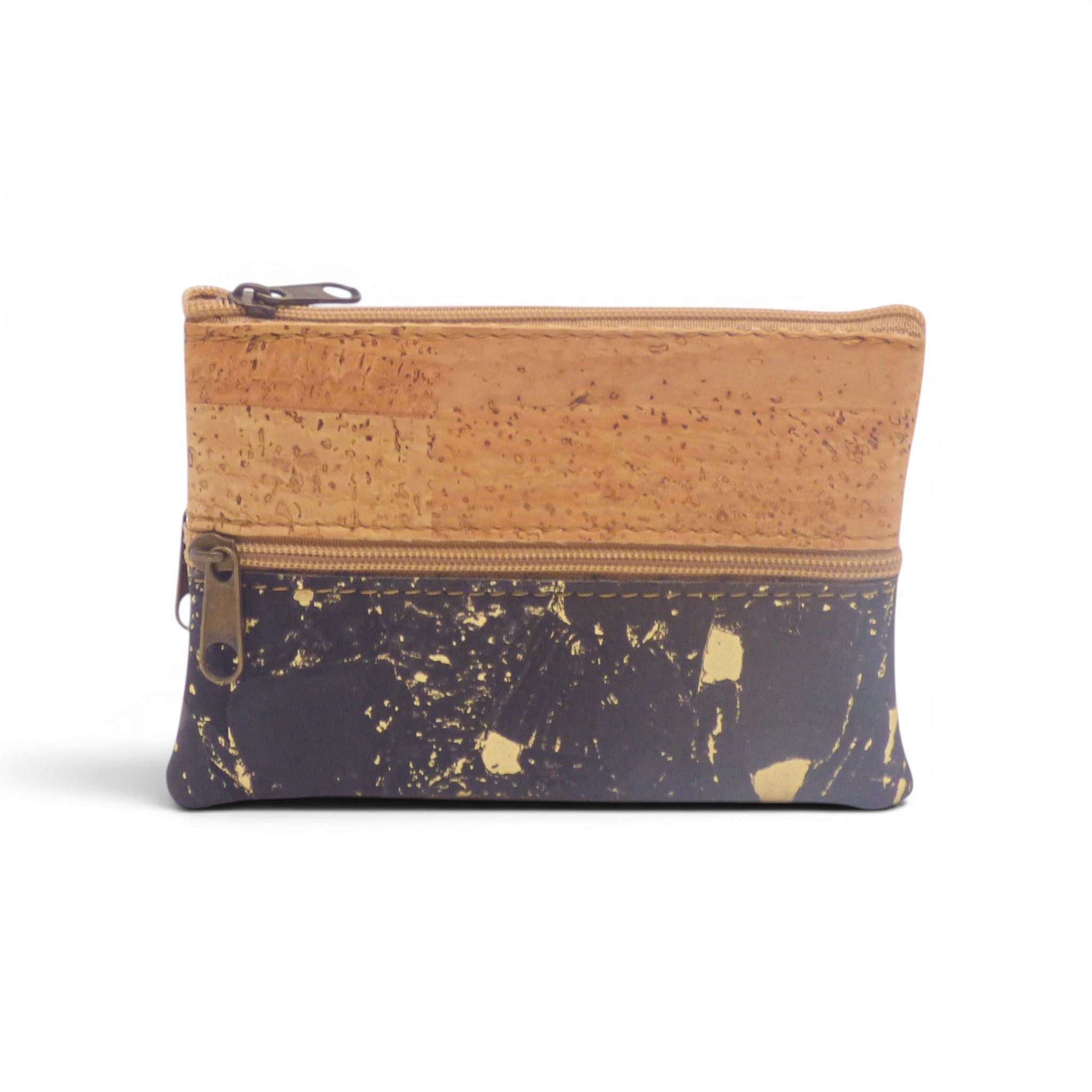 Trousse double zip liege noir craquele dore et beige