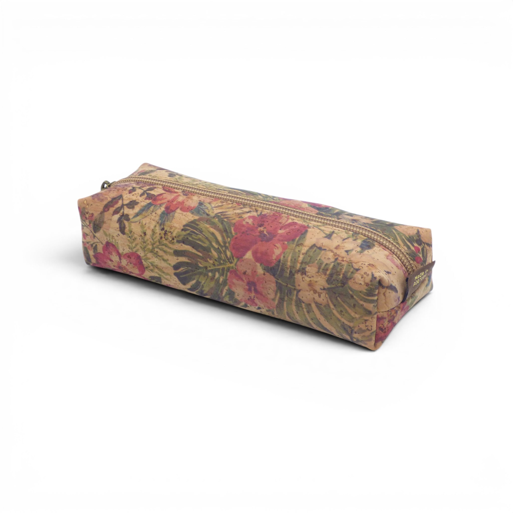 Trousse liège motif floral tropical rose feuilles vertes
